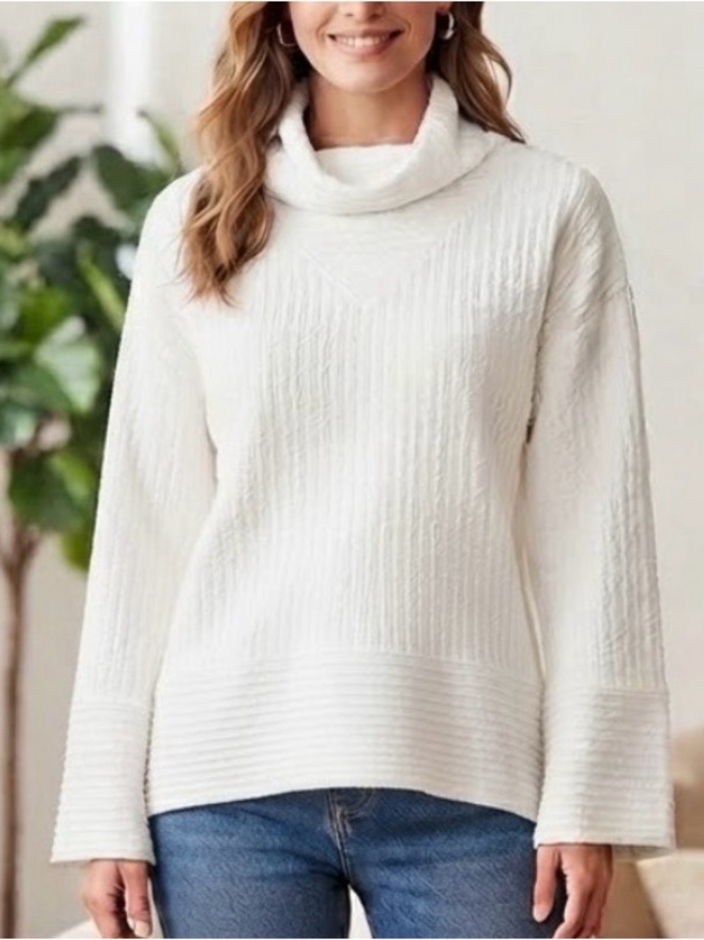 Tahari Sport Off White Ivory Ribbed Cowl Neck Bell Sleeve Sweater S⁠